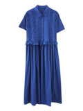 Momentlover Simple Short Sleeves Loose Buttoned Falbala Split-Joint Solid Color Midi Shirt Dress