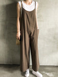 Momentlover Black&Khaki Casual Spaghetti-Neck Loose Wide-Leg Overalls