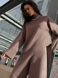 Momentlover Casual Solid Color Irregularity High-Neck Sweater& Wide Leg Pants Suits