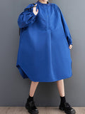 Momentlover Loose Puff Sleeves Solid Color Stand Collar Midi Dresses
