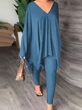 Momentlover Batwing Sleeves Loose Solid Color V-Back V-Neck Shirts Tops&Pants Two Pieces Set