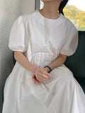Momentlover Original Loose Solid Color Pleated Puff Sleeves Midi Dress