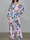 Momentlover Flower Print High Waisted Long Sleeves Tied Waist V-Neck Shirts Top + Pants Bottom Two Pieces Set