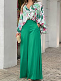 Momentlover  Loose Long Sleeves Floral Printed Blouses + High-Waisted Solid CoLor Wide Leg Pants Trousers Two Pieces Set