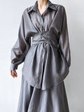 Momentlover Solid Color Long Sleeves Tied Waist Blouse + Loose Elasticity Waist Skirt Two Pieces Set