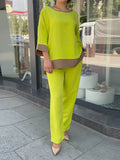 Momentlover Loose Three-Quarter Sleeves Contrast Color Split-Side Round-Neck Shirts Top + Pants Bottom Two Pieces Set