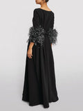 Momentlover Elegant Simple Black And White Feather Long Sleeve Party Dress