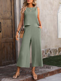 Momentlover Loose Sleeveless Pockets Solid Color Round-Neck Vest Top&Pants Two Pieces Pants Set