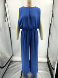 Momentlover Split-Joint Solid Color Pleated Elasticity Backless Sleeveless High Waisted Jumpsuits