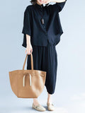 Momentlover Two-Pieces Black Loose Shirt And Ninth Pants Suit