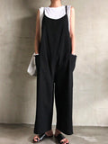 Momentlover Black&Khaki Casual Spaghetti-Neck Loose Wide-Leg Overalls