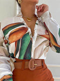 Momentlover Deep V-Neck Long Sleeves Buttoned Print Shirts Top +Belted Shorts Bottom Two Pieces Set