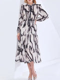 Momentlover Tied Split-Joint Printed Hollow Elasticity Puff Sleeves Loose Mock Neck Midi Dresses