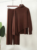 Momentlover Casual Solid Color Irregularity High-Neck Sweater& Wide Leg Pants Suits