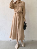 Momentlover Casual A-Line Long Sleeves Bandage Solid Color Lapel Collar Shirt Midi Dresses