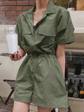 Momentlover Loose Wide Leg Drawstring Solid Color Zipper Notched Collar Rompers