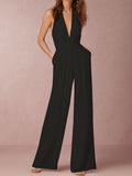 Momentlover Solid Color Backless Wide Leg Sleeveless Halter-Neck Jumpsuits