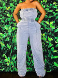 Momentlover Split-Joint Pockets Pleated Elasticity Straight Leg Sleeveless Tube Jumpsuits