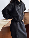 Momentlover Drawstring Elasticity Long Sleeves Loose Pockets Solid Color Zipper Stand Collar Jacket Top + Split-Back Skirts Bottom Two Pieces Set