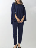 Momentlover High-Low Batwing Sleeves Beaded Round-Neck Shirts Top + Elasticity Pleated Pants Bottom Two Pieces Set
