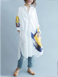 Momentlover White Asymmetric Printed Split-Side Long Sleeves Shirt Dress