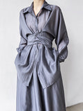 Momentlover Solid Color Long Sleeves Tied Waist Blouse + Loose Elasticity Waist Skirt Two Pieces Set