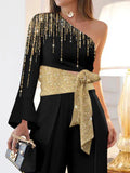 Momentlover Long Sleeves Loose Printed Shiny Tied Waist One-Shoulder Jumpsuits Bottoms