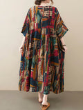 Momentlover Vintage Loose Abstract Printed Pleated Round-Neck Half Sleeves Midi Dress