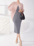 Momentlover Pleated Contrast Color Loose Batwing Sleeves Round-neck Midi Dresses
