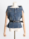 Momentlover Asymmetric Boat Neck Fringed Vest Top+ Belted High Waisted Jeans Bottom Two Pieces Set