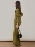 Momentlover Urban Loose Solid Round-Neck Vest Top& V-Neck Sweater Tops& Wide Leg Pants Three-Piece Set