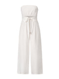 Momentlover Original Cold Shoulder Tied Solid Color Straight Leg Jumpsuits
