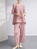 Momentlover Loose Pleated Solid Color High-Low Round-Neck T-Shirts  + Pants Two Pieces Set