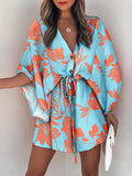 Momentlover Original Loose Floral Printed Contrast Color Tied Mini Shirt Dress