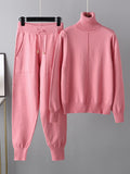 Momentlover Casual Solid Long Sleeves High-Neck Sweater Tops & Drawstring Wide Leg Pants Suits