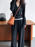 Momentlover Hooded Long Sleeves Buttoned  T-Shirts Top + Vest Top + Wide Leg Drawstring Elasticity Pants Bottom Three Pieces Set