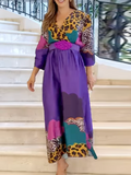 Momentlover Long Sleeves Loose Leopard V-Neck Maxi Dresses