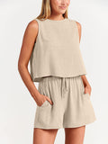 Momentlover Solid Color Round-Neck Vest + Elasticity Drawstring Shorts Two Pieces Set