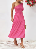 Momentlover Solid Color Puff Sleeves Loose One-Shoulder Midi Dresses