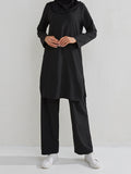 Momentlover Solid Color Long Sleeves Pockets Split-Side Round-Neck Shirts Top + Pants Bottom Two Pieces Set