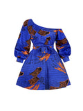 Momentlover Tied Waist Printed Elasticity Three-Quarter Sleeves Puff Sleeves One-Shoulder Mini Dresses