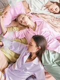Momentlover Split-Joint Long Sleeves Buttoned Feathers Notched Collar Shirts Top + Pants Bottom Pajama Sets