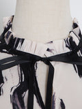 Momentlover Tied Split-Joint Printed Hollow Elasticity Puff Sleeves Loose Mock Neck Midi Dresses