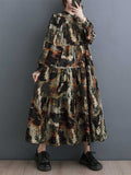 Momentlover Split-Joint Printed Pleated Loose Long Sleeves Round-Neck Midi Dresses