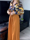 Momentlover Printed Long Sleeves Buttoned Lapel Blouse + Tied Waist Wide Leg Pants Two Pieces Set