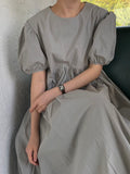 Momentlover Original Loose Solid Color Pleated Puff Sleeves Midi Dress