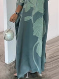 Momentlover Long Sleeves Buttoned Contrast Color Flower&Leaves Print Muslim V-Neck Maxi Dress