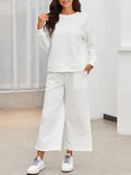 Momentlover Solid Color Long Sleeves Loose Round-Neck Shirts Top + Drawstring Pants Bottom Two Pieces Set