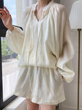 Momentlover Casual Loose Solid Color Puff Sleeves Blouse&Wide Leg Shorts Two Pieces Set