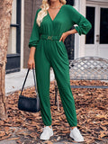 Momentlover Elasticity Belted Long Sleeves V-neck Jumpsuits